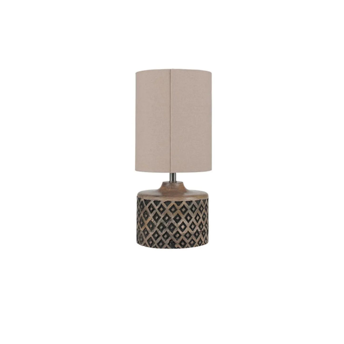 Rustic Black & Natural Mango Wood Table Lamp with Carved Diamond Pattern – Short Cylindrical Base with Tall Beige Taupe Cotton Drum Shade 41x18x18cm - Click Style