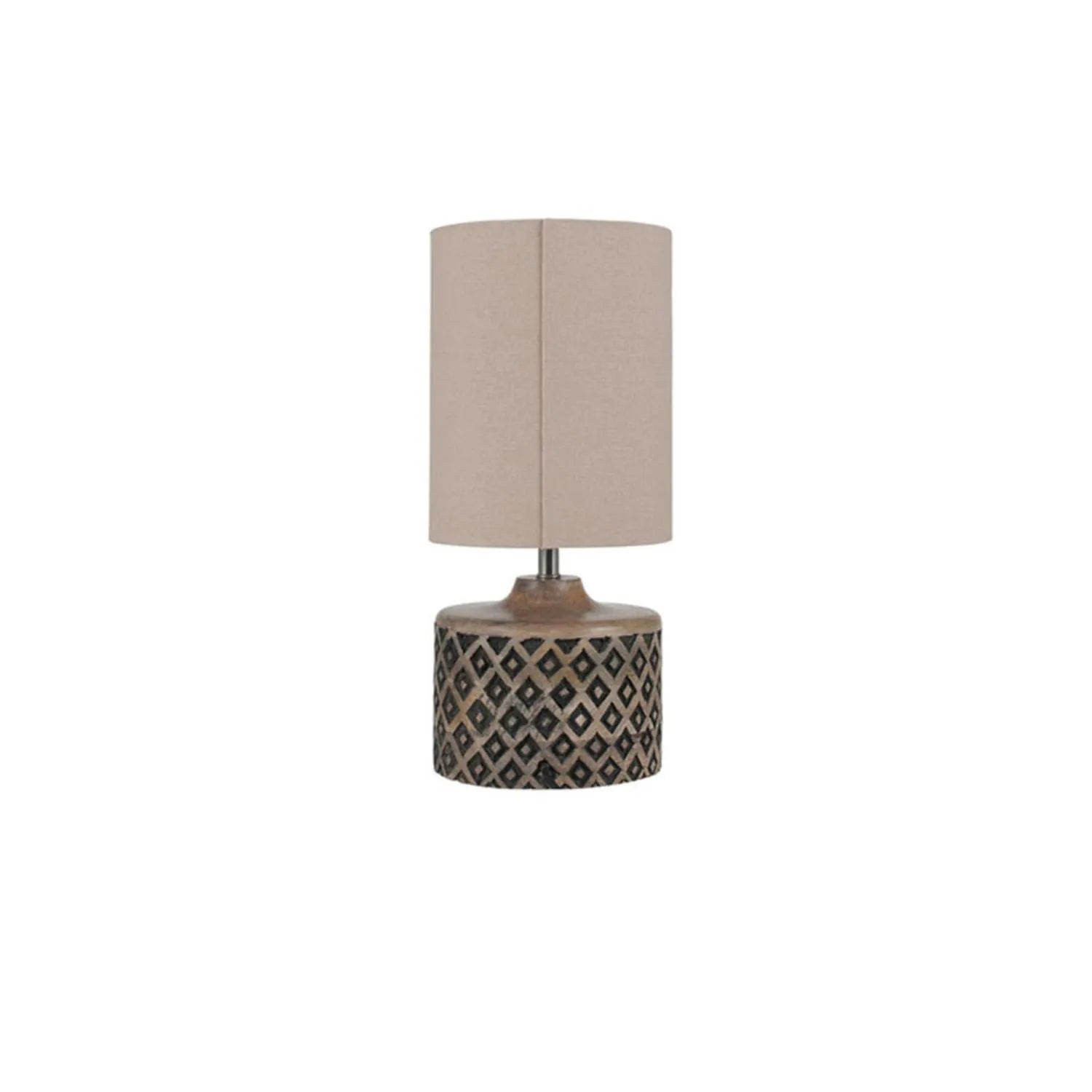 Rustic Black & Natural Mango Wood Table Lamp with Carved Diamond Pattern – Short Cylindrical Base with Tall Beige Taupe Cotton Drum Shade 41x18x18cm - Click Style