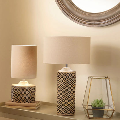 Rustic Black & Natural Mango Wood Table Lamp with Carved Diamond Pattern – Short Cylindrical Base with Tall Beige Taupe Cotton Drum Shade 41x18x18cm - Click Style