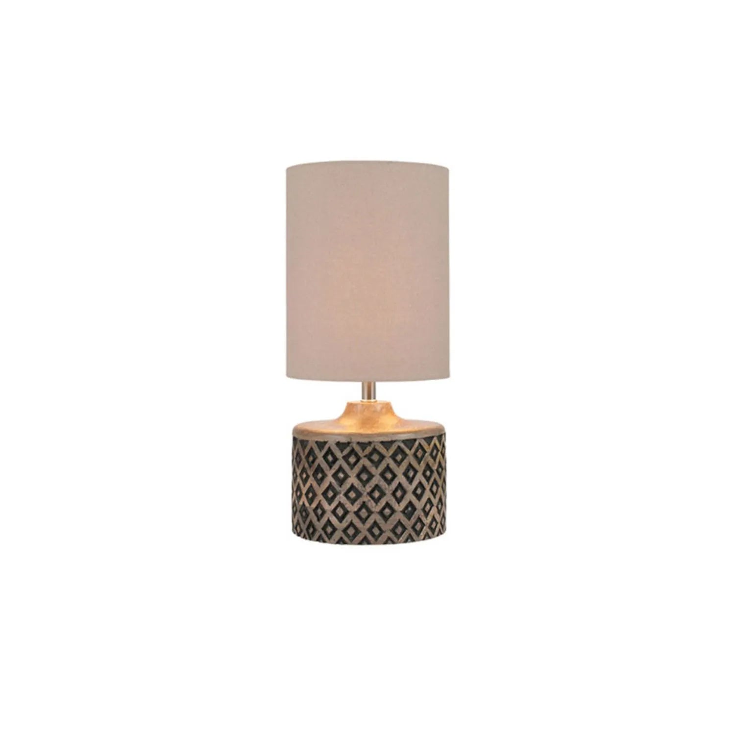 Rustic Black & Natural Mango Wood Table Lamp with Carved Diamond Pattern – Short Cylindrical Base with Tall Beige Taupe Cotton Drum Shade 41x18x18cm - Click Style