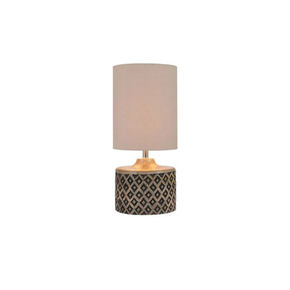 Rustic Black & Natural Mango Wood Table Lamp with Carved Diamond Pattern – Short Cylindrical Base with Tall Beige Taupe Cotton Drum Shade 41x18x18cm - Click Style