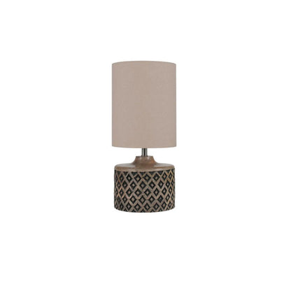 Rustic Black & Natural Mango Wood Table Lamp with Carved Diamond Pattern – Short Cylindrical Base with Tall Beige Taupe Cotton Drum Shade 41x18x18cm - Click Style