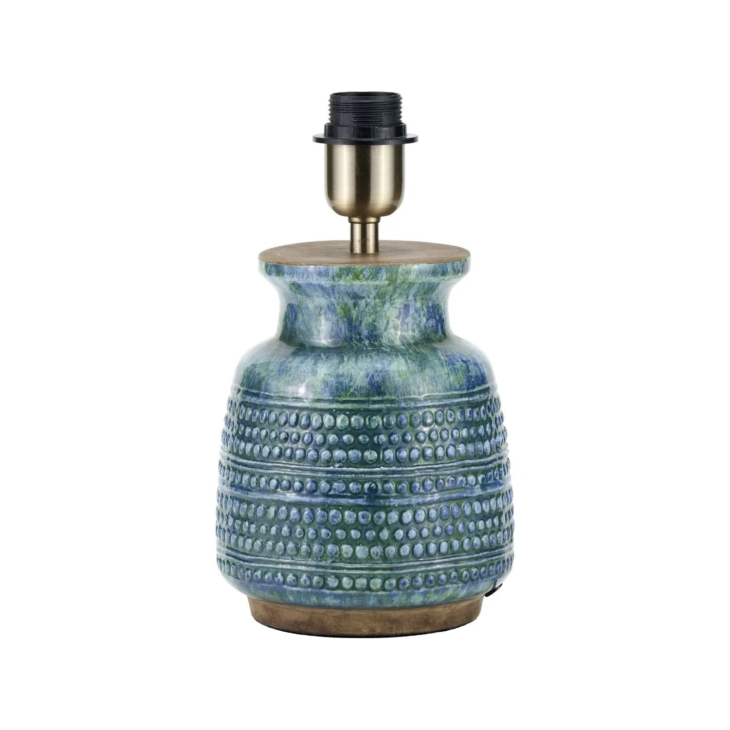 Rustic Blue & Green Glazed Artisan Ceramic Table Lamp Base with Dot Design – Handmade Stoneware Tapered Vase-Shaped Light Base 28x15x15cm | Click Style