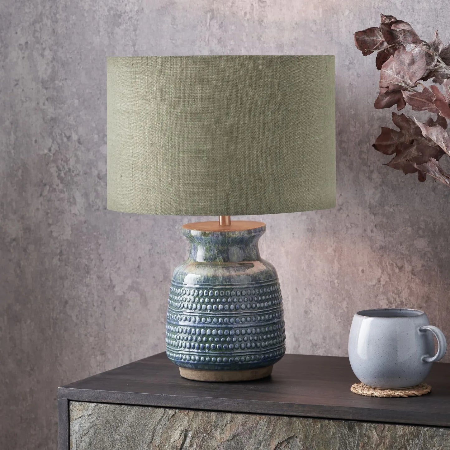 Rustic Blue & Green Glazed Artisan Ceramic Table Lamp Base with Dot Design – Handmade Stoneware Tapered Vase-Shaped Light Base 28x15x15cm | Click Style