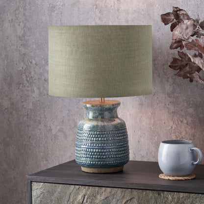 Rustic Blue & Green Glazed Artisan Ceramic Table Lamp Base with Dot Design – Handmade Stoneware Tapered Vase-Shaped Light Base 28x15x15cm | Click Style