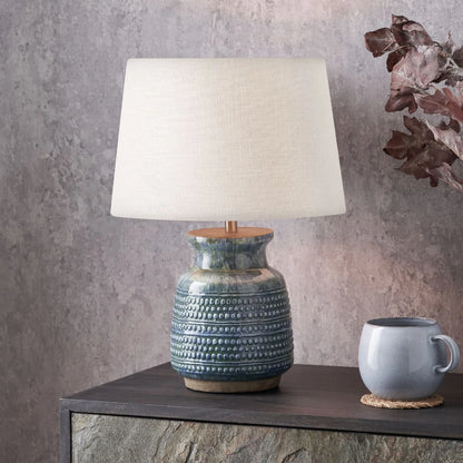 Rustic Blue & Green Glazed Artisan Ceramic Table Lamp Base with Dot Design – Handmade Stoneware Tapered Vase-Shaped Light Base 28x15x15cm | Click Style