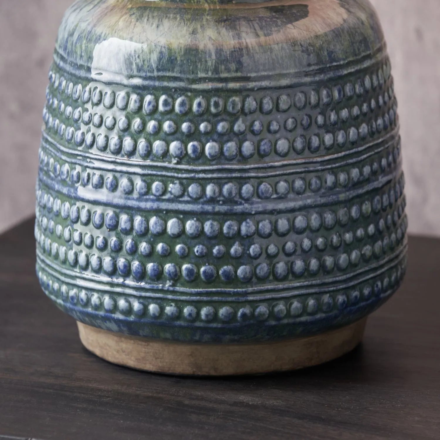 Rustic Blue & Green Glazed Artisan Ceramic Table Lamp Base with Dot Design – Handmade Stoneware Tapered Vase-Shaped Light Base 28x15x15cm | Click Style