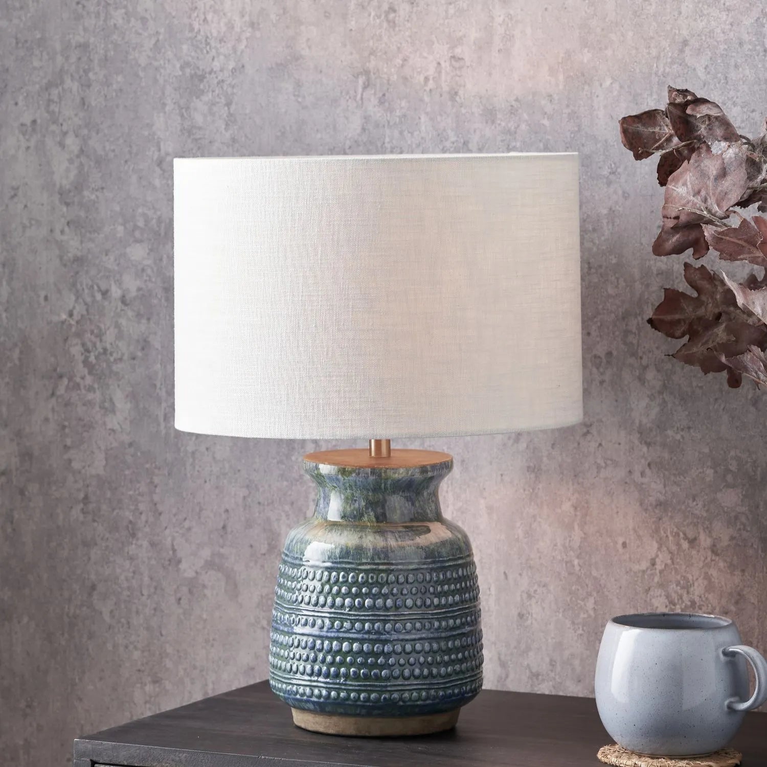 Rustic Blue & Green Glazed Artisan Ceramic Table Lamp Base with Dot Design – Handmade Stoneware Tapered Vase-Shaped Light Base 28x15x15cm | Click Style