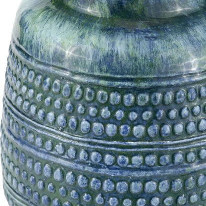 Rustic Blue & Green Glazed Artisan Ceramic Table Lamp with 30cm Natural Linen Drum Shade – Handmade Stoneware Dot Design Vase-Shaped Light 44x30x30cm | Click Style