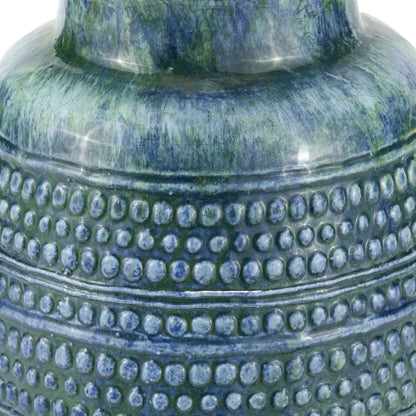 Rustic Blue & Green Glazed Artisan Ceramic Table Lamp with 30cm Natural Linen Drum Shade – Handmade Stoneware Dot Design Vase-Shaped Light 44x30x30cm | Click Style