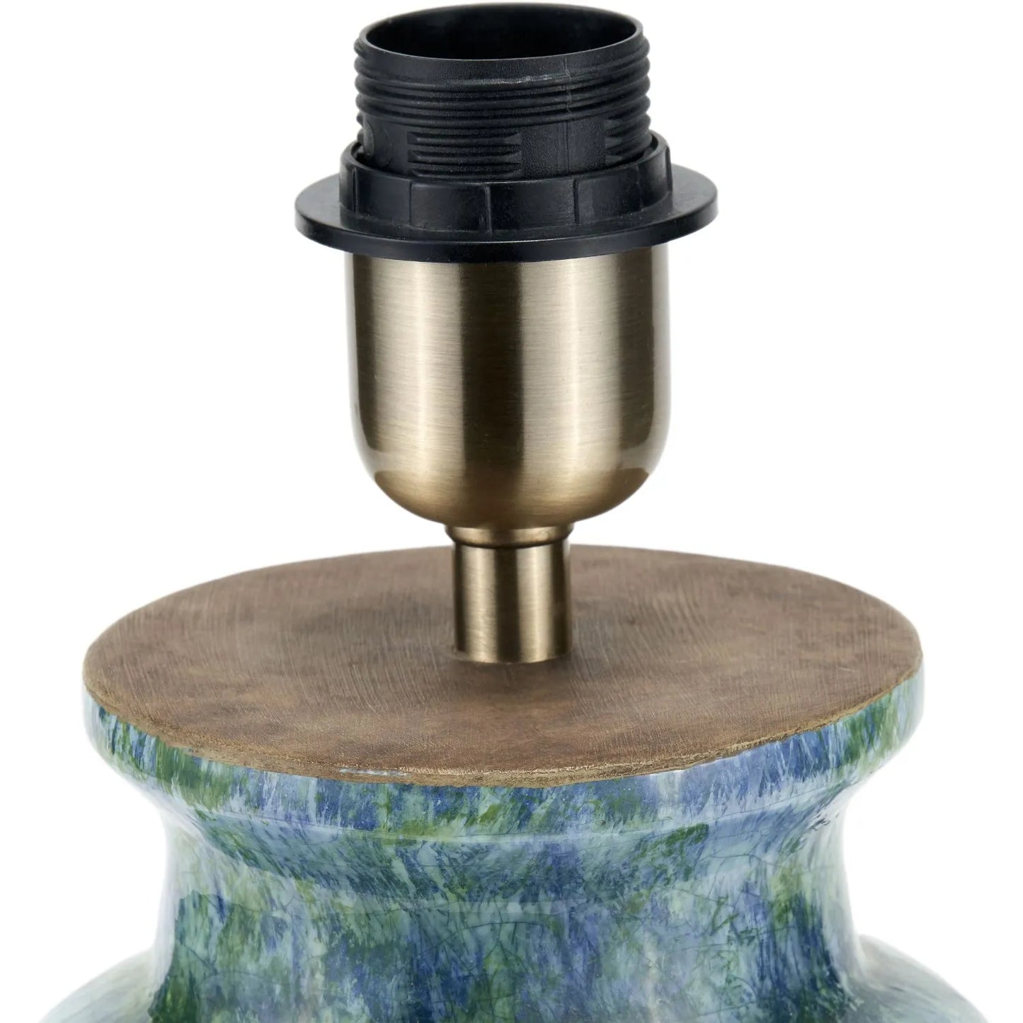 Rustic Blue & Green Glazed Artisan Ceramic Table Lamp with 30cm Natural Linen Drum Shade – Handmade Stoneware Dot Design Vase-Shaped Light 44x30x30cm | Click Style