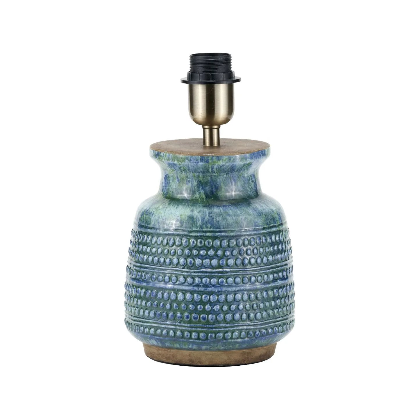 Rustic Blue & Green Glazed Artisan Ceramic Table Lamp with 30cm Natural Linen Drum Shade – Handmade Stoneware Dot Design Vase-Shaped Light 44x30x30cm | Click Style