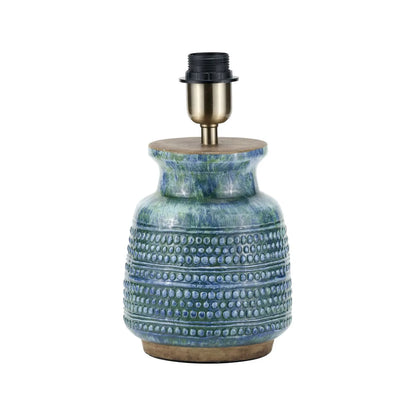 Rustic Blue & Green Glazed Artisan Ceramic Table Lamp with 30cm Natural Linen Drum Shade – Handmade Stoneware Dot Design Vase-Shaped Light 44x30x30cm | Click Style