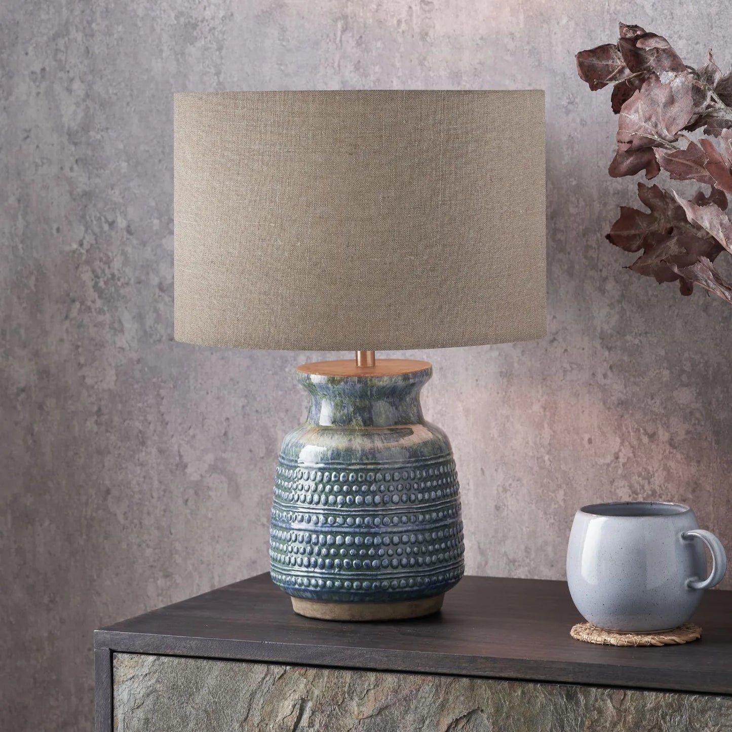 Rustic Blue & Green Glazed Artisan Ceramic Table Lamp with 30cm Natural Linen Drum Shade – Handmade Stoneware Dot Design Vase-Shaped Light 44x30x30cm | Click Style