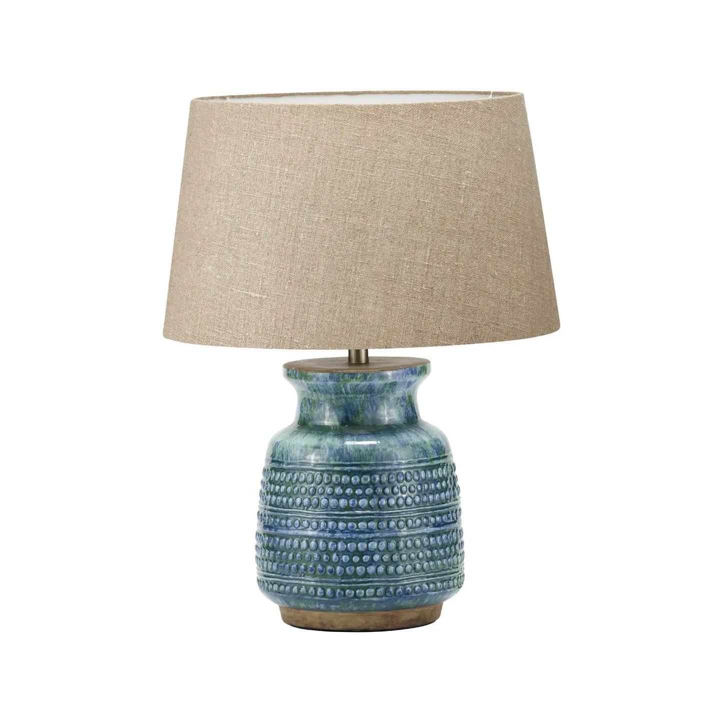 Rustic Blue & Green Glazed Artisan Ceramic Table Lamp with 30cm Natural Linen Tapered Shade – Handmade Stoneware Dot Design Vase-Shaped Light 40x30x30cm | Click Style