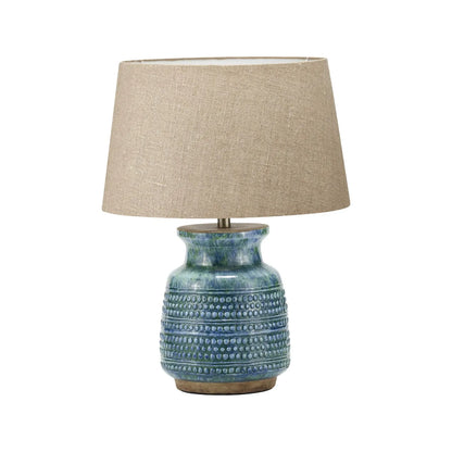 Rustic Blue & Green Glazed Artisan Ceramic Table Lamp with 30cm Natural Linen Tapered Shade – Handmade Stoneware Dot Design Vase-Shaped Light 40x30x30cm | Click Style