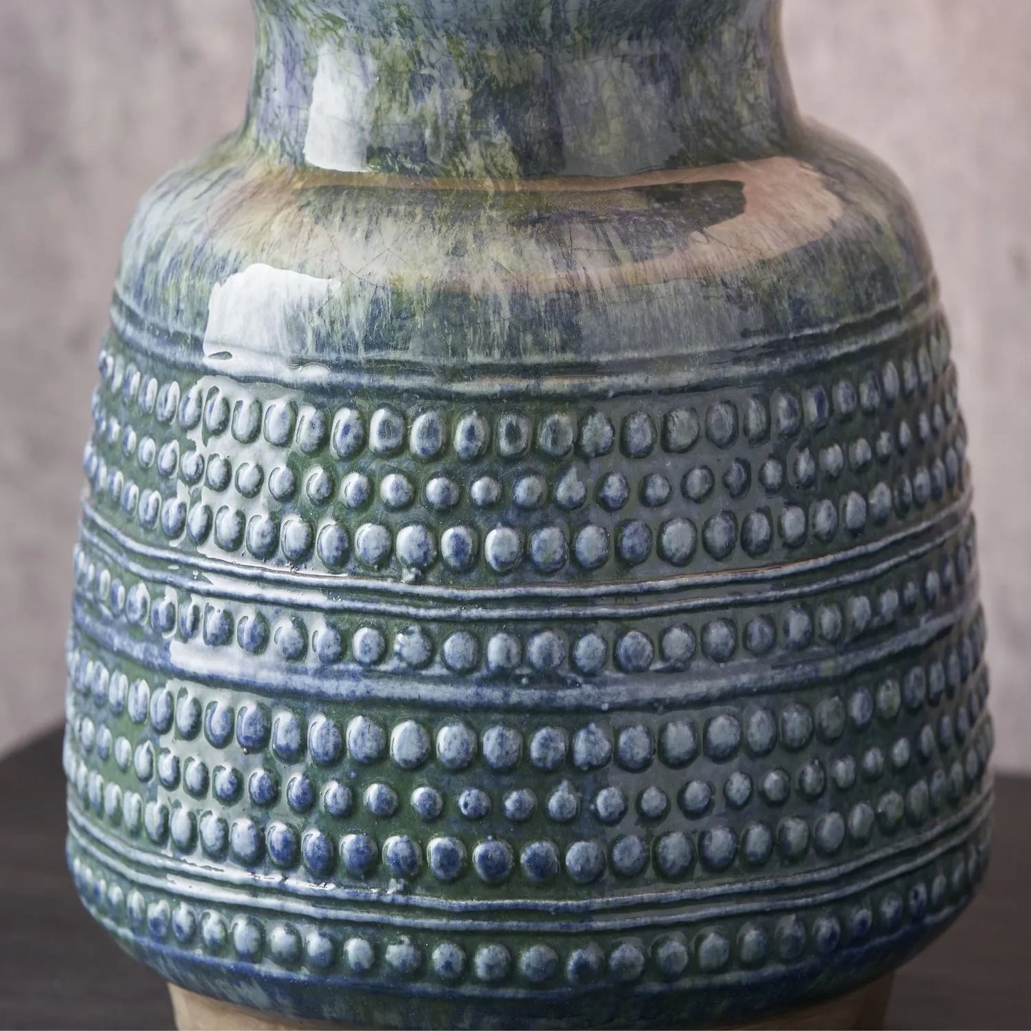 Rustic Blue & Green Glazed Artisan Ceramic Table Lamp with 30cm Natural Linen Tapered Shade – Handmade Stoneware Dot Design Vase-Shaped Light 40x30x30cm | Click Style