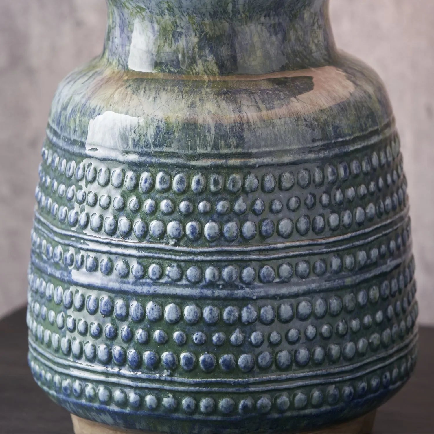 Rustic Blue & Green Glazed Artisan Ceramic Table Lamp with 30cm Natural Linen Tapered Shade – Handmade Stoneware Dot Design Vase-Shaped Light 40x30x30cm | Click Style