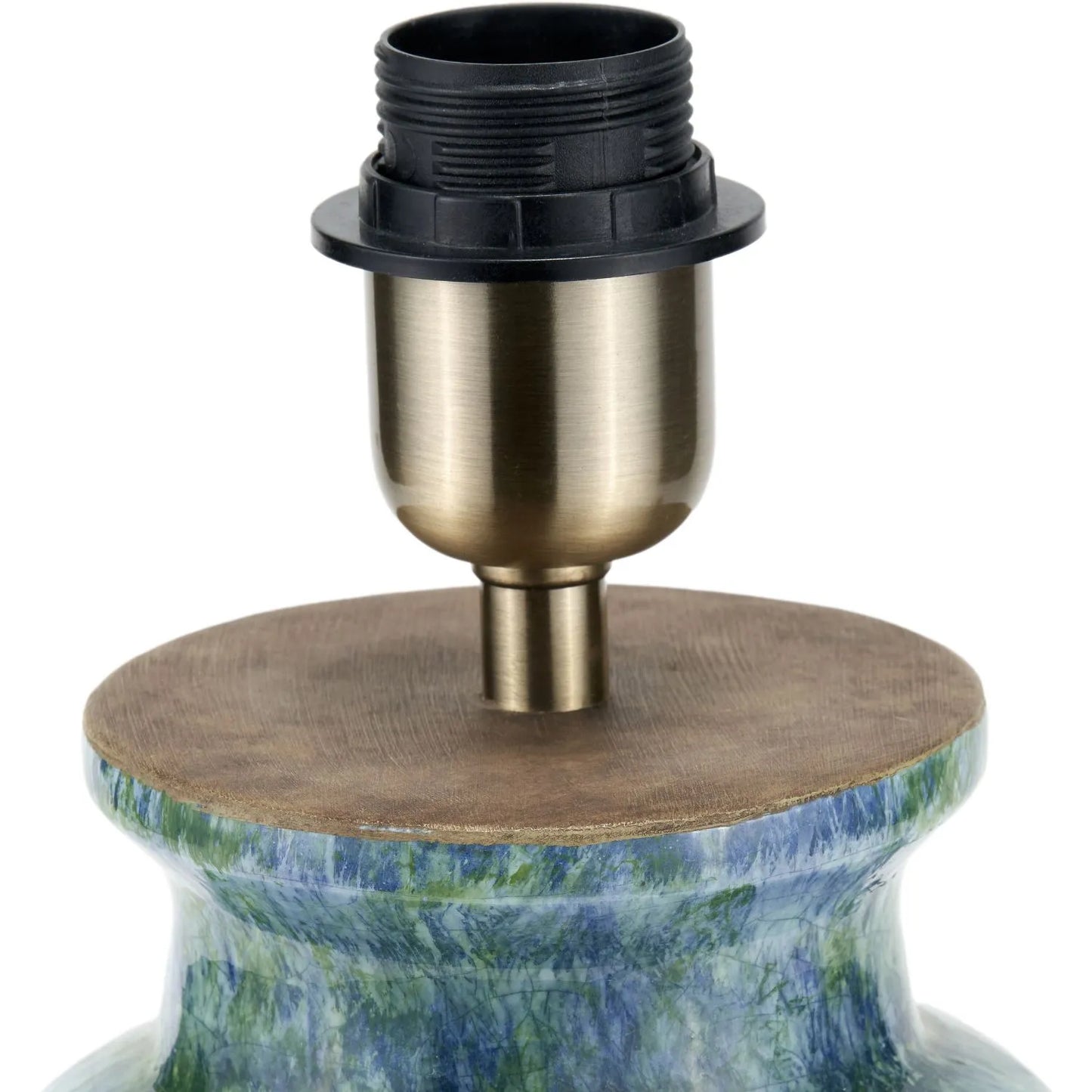 Rustic Blue & Green Glazed Artisan Ceramic Table Lamp with 30cm Natural Linen Tapered Shade – Handmade Stoneware Dot Design Vase-Shaped Light 40x30x30cm | Click Style