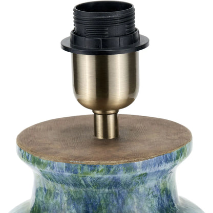 Rustic Blue & Green Glazed Artisan Ceramic Table Lamp with 30cm Natural Linen Tapered Shade – Handmade Stoneware Dot Design Vase-Shaped Light 40x30x30cm | Click Style