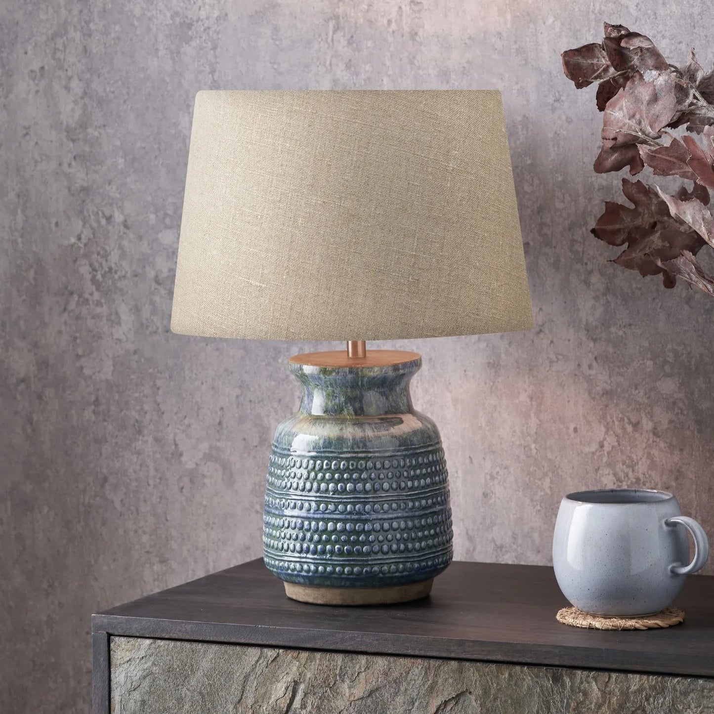 Rustic Blue & Green Glazed Artisan Ceramic Table Lamp with 30cm Natural Linen Tapered Shade – Handmade Stoneware Dot Design Vase-Shaped Light 40x30x30cm | Click Style