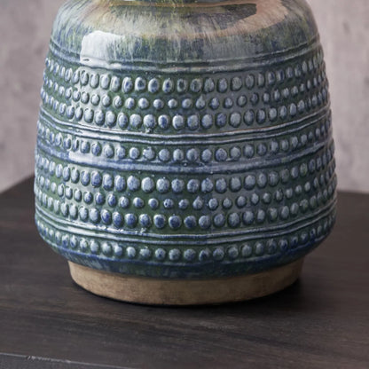 Rustic Blue & Green Glazed Artisan Ceramic Table Lamp with 30cm Natural Linen Tapered Shade – Handmade Stoneware Dot Design Vase-Shaped Light 40x30x30cm | Click Style