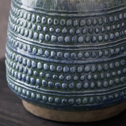 Rustic Blue & Green Glazed Artisan Ceramic Table Lamp with 30cm Natural Linen Tapered Shade – Handmade Stoneware Dot Design Vase-Shaped Light 40x30x30cm | Click Style