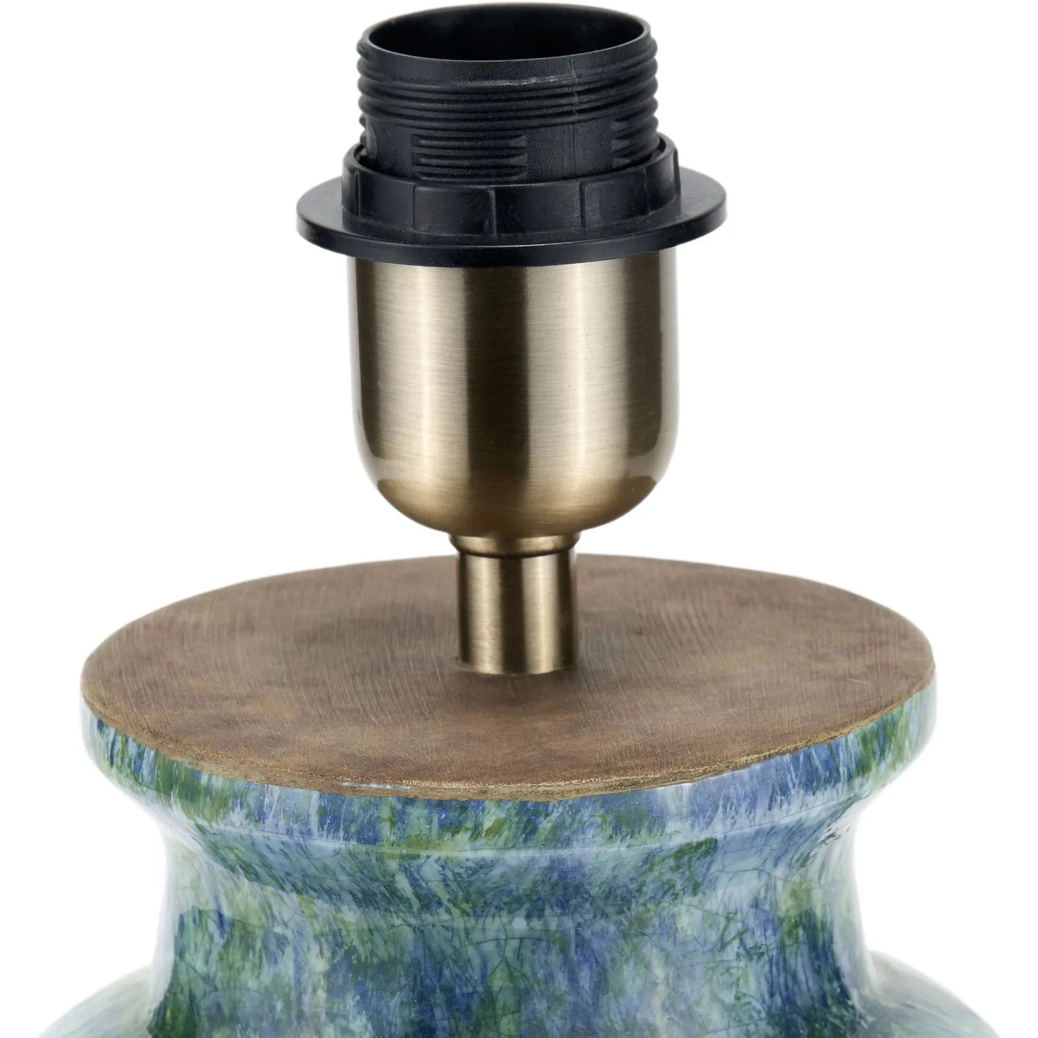 Rustic Blue & Green Glazed Artisan Ceramic Table Lamp with 30cm Pistachio Green Linen Drum Shade – Handmade Stoneware Dot Design Vase-Shaped Light 44x30x30cm | Click Style