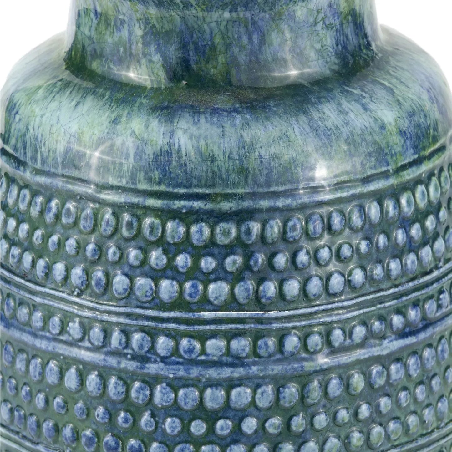 Rustic Blue & Green Glazed Artisan Ceramic Table Lamp with 30cm Pistachio Green Linen Drum Shade – Handmade Stoneware Dot Design Vase-Shaped Light 44x30x30cm | Click Style