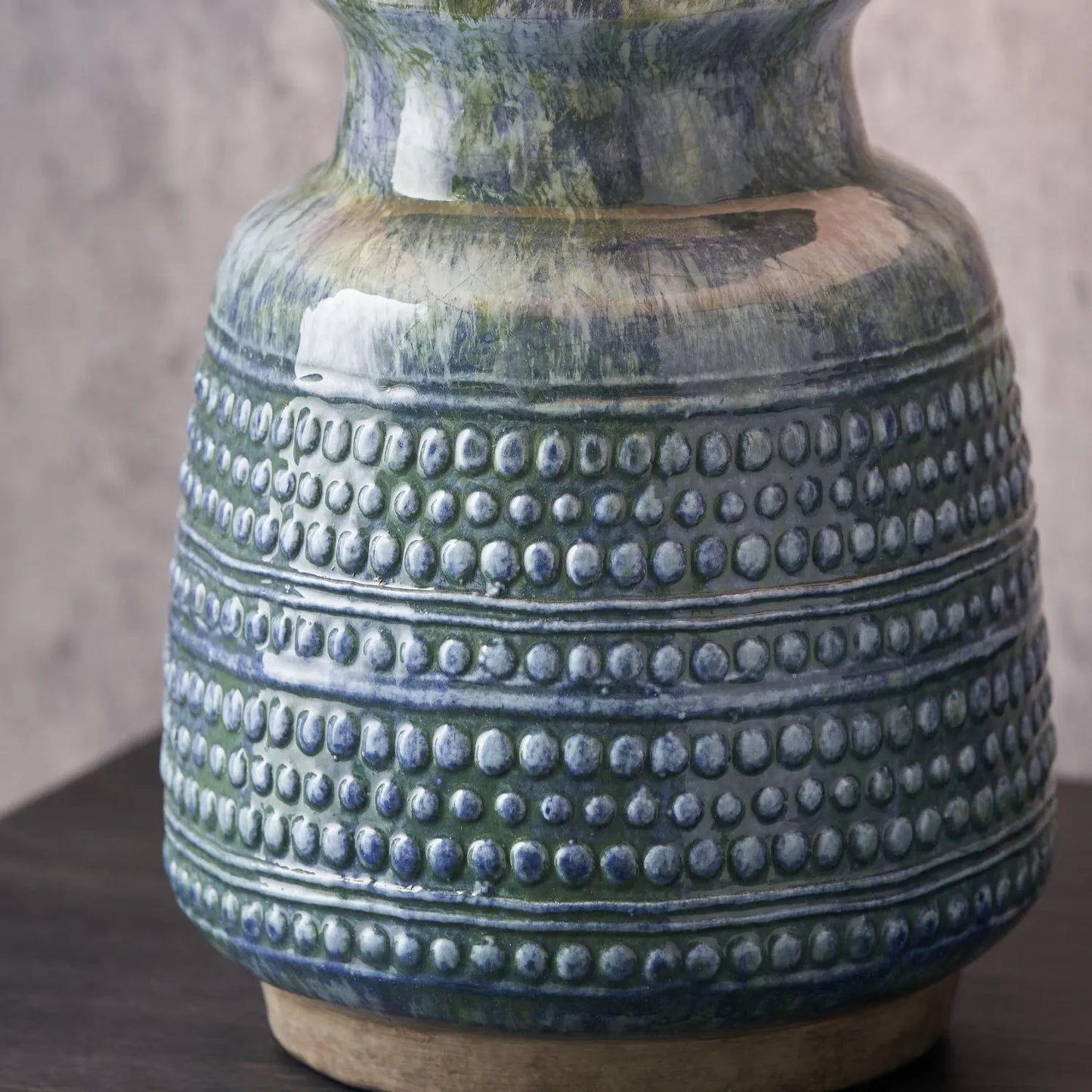 Rustic Blue & Green Glazed Artisan Ceramic Table Lamp with 30cm Pistachio Green Linen Drum Shade – Handmade Stoneware Dot Design Vase-Shaped Light 44x30x30cm | Click Style