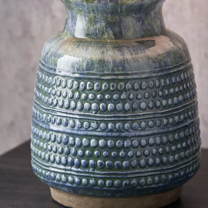 Rustic Blue & Green Glazed Artisan Ceramic Table Lamp with 30cm Pistachio Green Linen Drum Shade – Handmade Stoneware Dot Design Vase-Shaped Light 44x30x30cm | Click Style