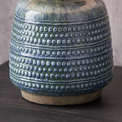 Rustic Blue & Green Glazed Artisan Ceramic Table Lamp with 30cm Pistachio Green Linen Drum Shade – Handmade Stoneware Dot Design Vase-Shaped Light 44x30x30cm | Click Style