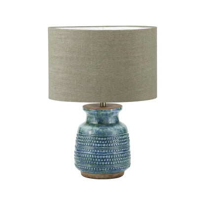 Rustic Blue & Green Glazed Artisan Ceramic Table Lamp with 30cm Pistachio Green Linen Drum Shade – Handmade Stoneware Dot Design Vase-Shaped Light 44x30x30cm | Click Style