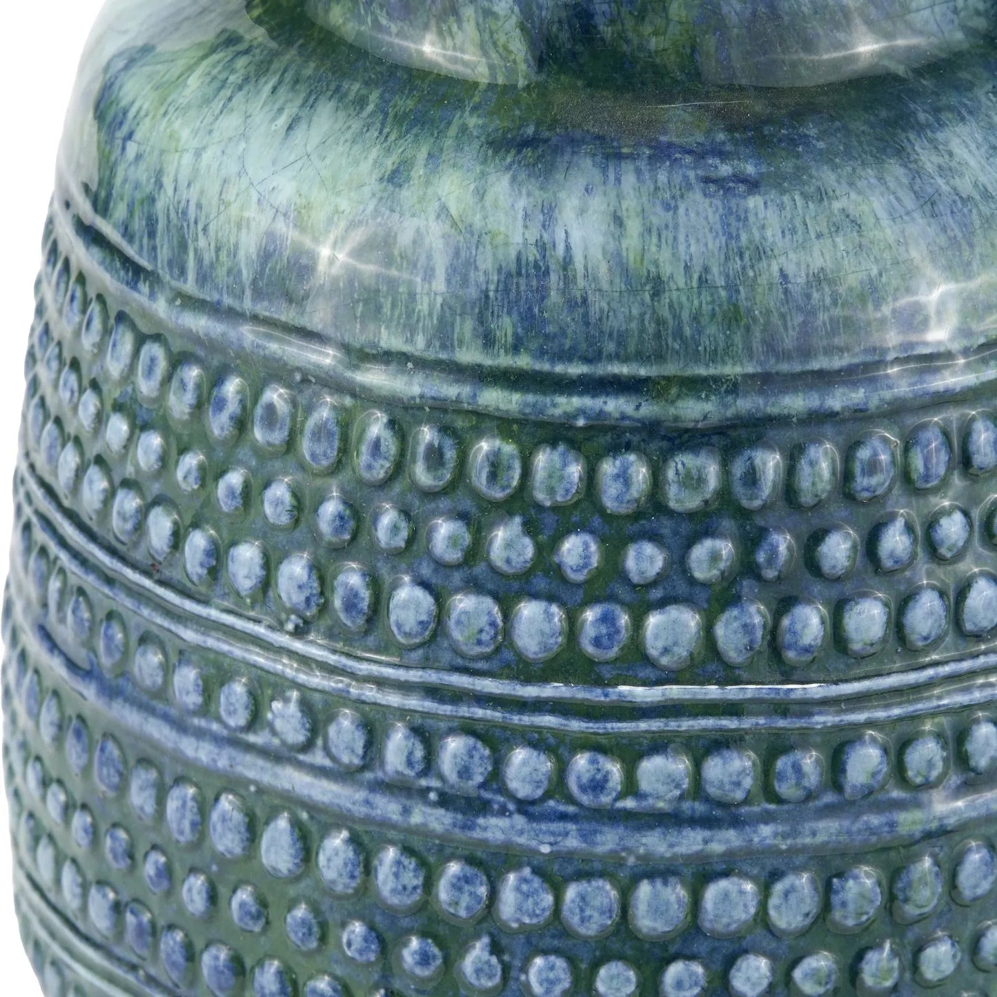 Rustic Blue & Green Glazed Artisan Ceramic Table Lamp with 30cm Pistachio Green Linen Tapered Shade – Handmade Stoneware Vase-Shaped Light 40x30x30cm | Click Style