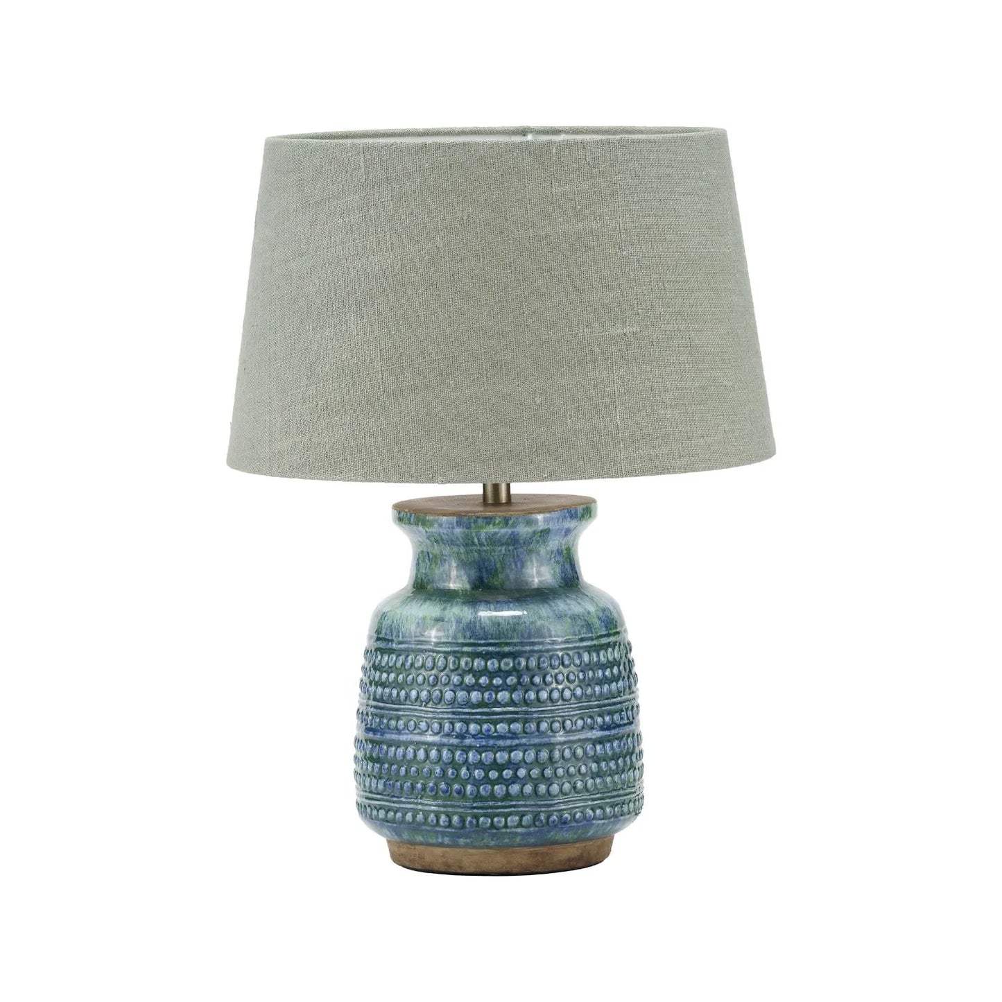Rustic Blue & Green Glazed Artisan Ceramic Table Lamp with 30cm Pistachio Green Linen Tapered Shade – Handmade Stoneware Vase-Shaped Light 40x30x30cm | Click Style