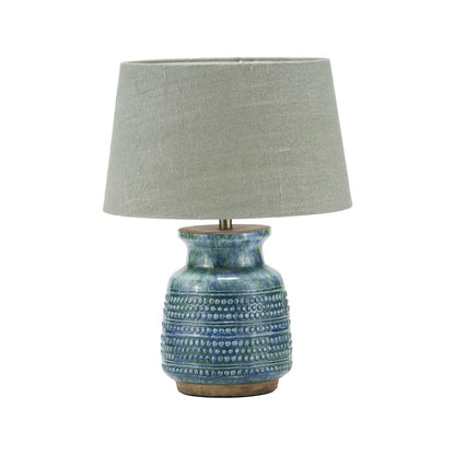Rustic Blue & Green Glazed Artisan Ceramic Table Lamp with 30cm Pistachio Green Linen Tapered Shade – Handmade Stoneware Vase-Shaped Light 40x30x30cm | Click Style