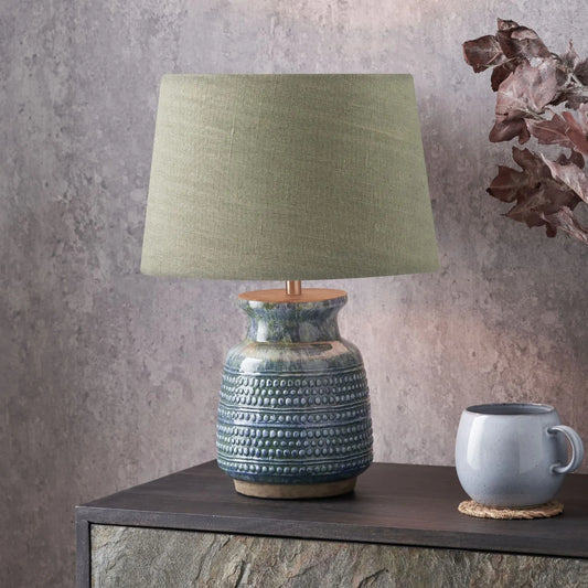 Rustic Blue & Green Glazed Artisan Ceramic Table Lamp with 30cm Pistachio Green Linen Tapered Shade – Handmade Stoneware Vase-Shaped Light 40x30x30cm | Click Style