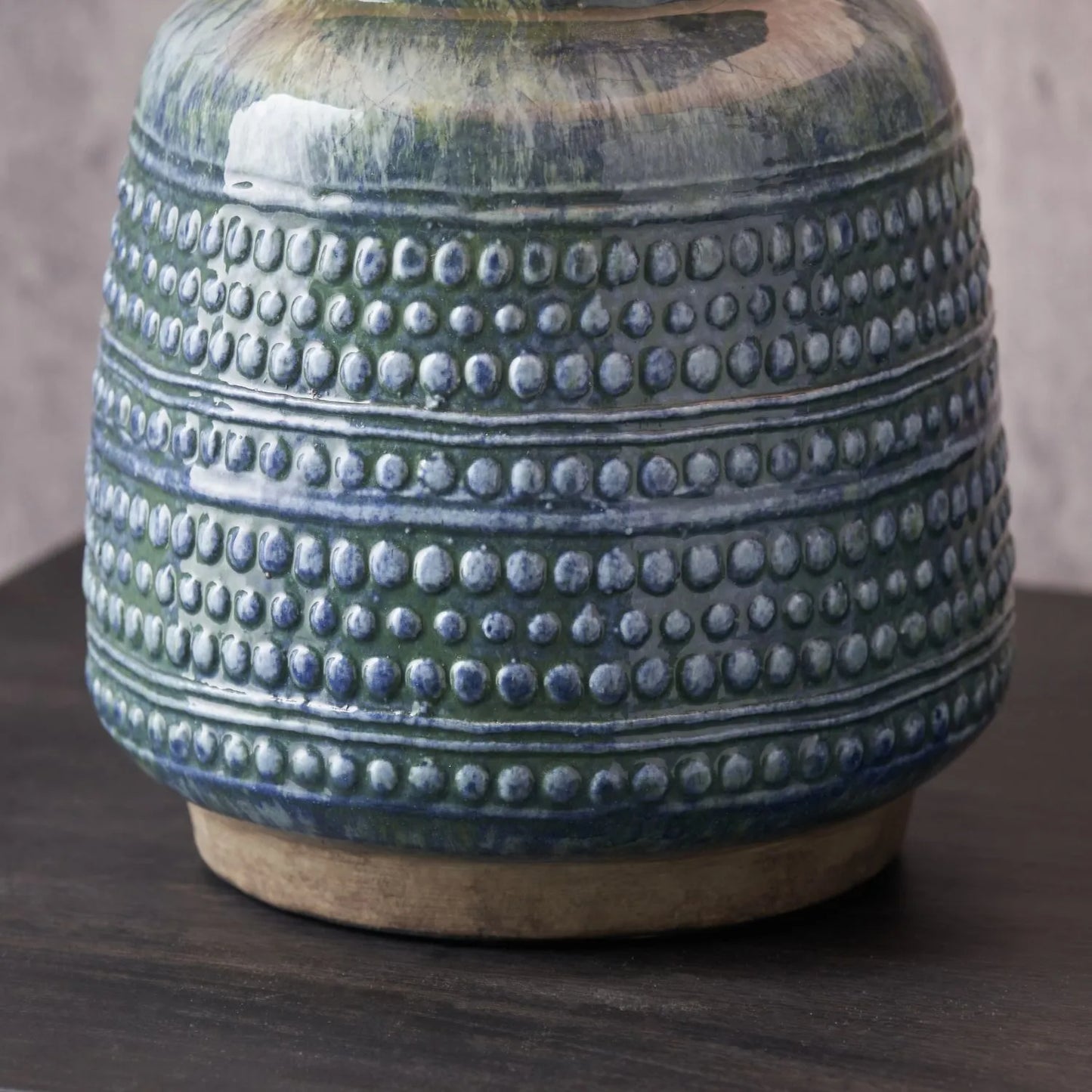 Rustic Blue & Green Glazed Artisan Ceramic Table Lamp with 30cm Pistachio Green Linen Tapered Shade – Handmade Stoneware Vase-Shaped Light 40x30x30cm | Click Style
