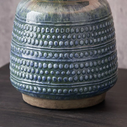 Rustic Blue & Green Glazed Artisan Ceramic Table Lamp with 30cm Pistachio Green Linen Tapered Shade – Handmade Stoneware Vase-Shaped Light 40x30x30cm | Click Style
