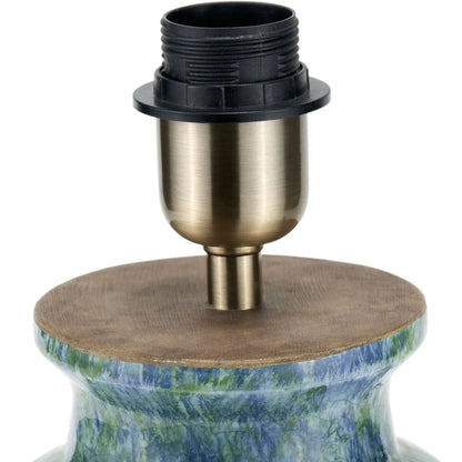 Rustic Blue & Green Glazed Artisan Ceramic Table Lamp with 30cm Pistachio Green Linen Tapered Shade – Handmade Stoneware Vase-Shaped Light 40x30x30cm | Click Style