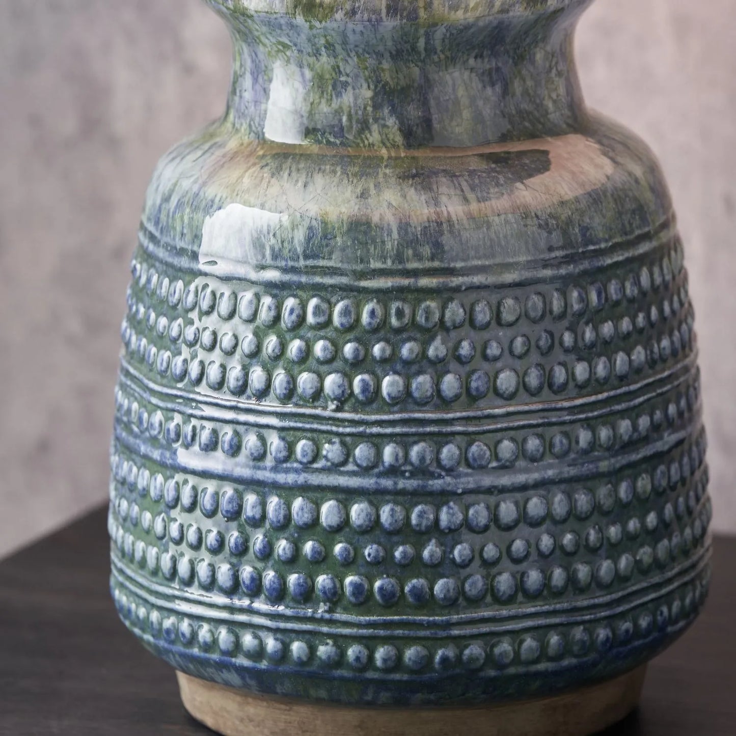 Rustic Blue & Green Glazed Artisan Ceramic Table Lamp with 30cm Pistachio Green Linen Tapered Shade – Handmade Stoneware Vase-Shaped Light 40x30x30cm | Click Style