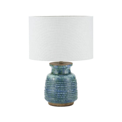 Rustic blue and green glazed artisan ceramic table lamp with 30cm white self-lined linen drum shade – handmade stoneware dot design vase-shaped light 44x30x30cm | Click Style