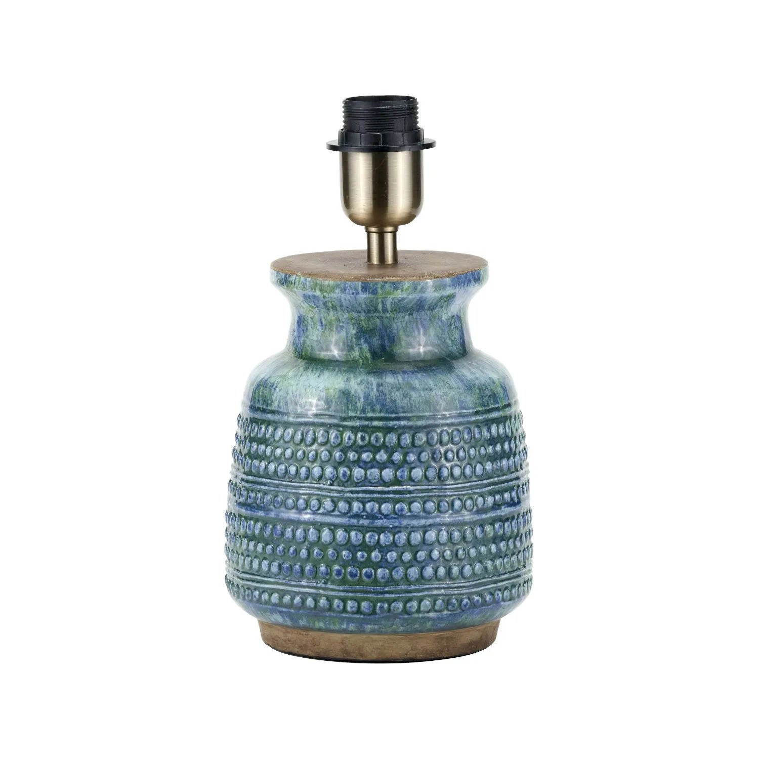 Rustic blue and green glazed artisan ceramic table lamp with 30cm white self-lined linen drum shade – handmade stoneware dot design vase-shaped light 44x30x30cm | Click Style