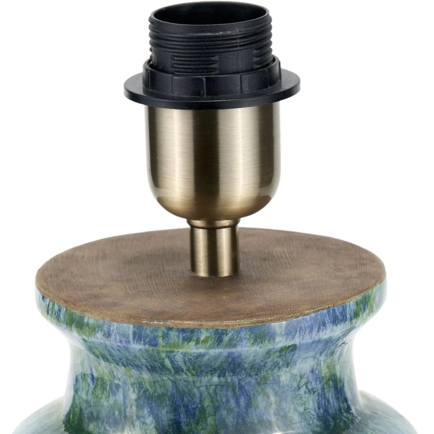 Rustic blue and green glazed artisan ceramic table lamp with 30cm white self-lined linen drum shade – handmade stoneware dot design vase-shaped light 44x30x30cm | Click Style