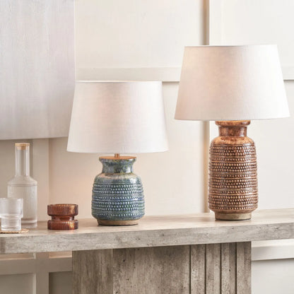Rustic blue and green glazed artisan ceramic table lamp with 30cm white self-lined linen drum shade – handmade stoneware dot design vase-shaped light 44x30x30cm | Click Style
