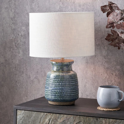 Rustic blue and green glazed artisan ceramic table lamp with 30cm white self-lined linen drum shade – handmade stoneware dot design vase-shaped light 44x30x30cm | Click Style