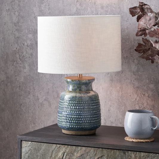 Rustic blue and green glazed artisan ceramic table lamp with 30cm white self-lined linen drum shade – handmade stoneware dot design vase-shaped light 44x30x30cm | Click Style