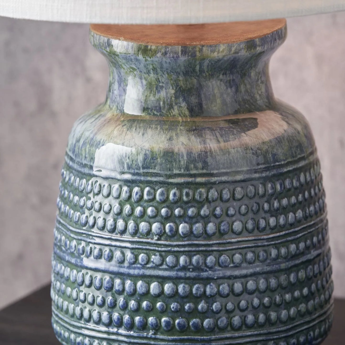Rustic Blue & Green Glazed Artisan Ceramic Table Lamp with 30cm White Self-Lined Linen Tapered Shade – Handmade Stoneware Dot Design Vase-Shaped Light 42x30x30cm | Click Style