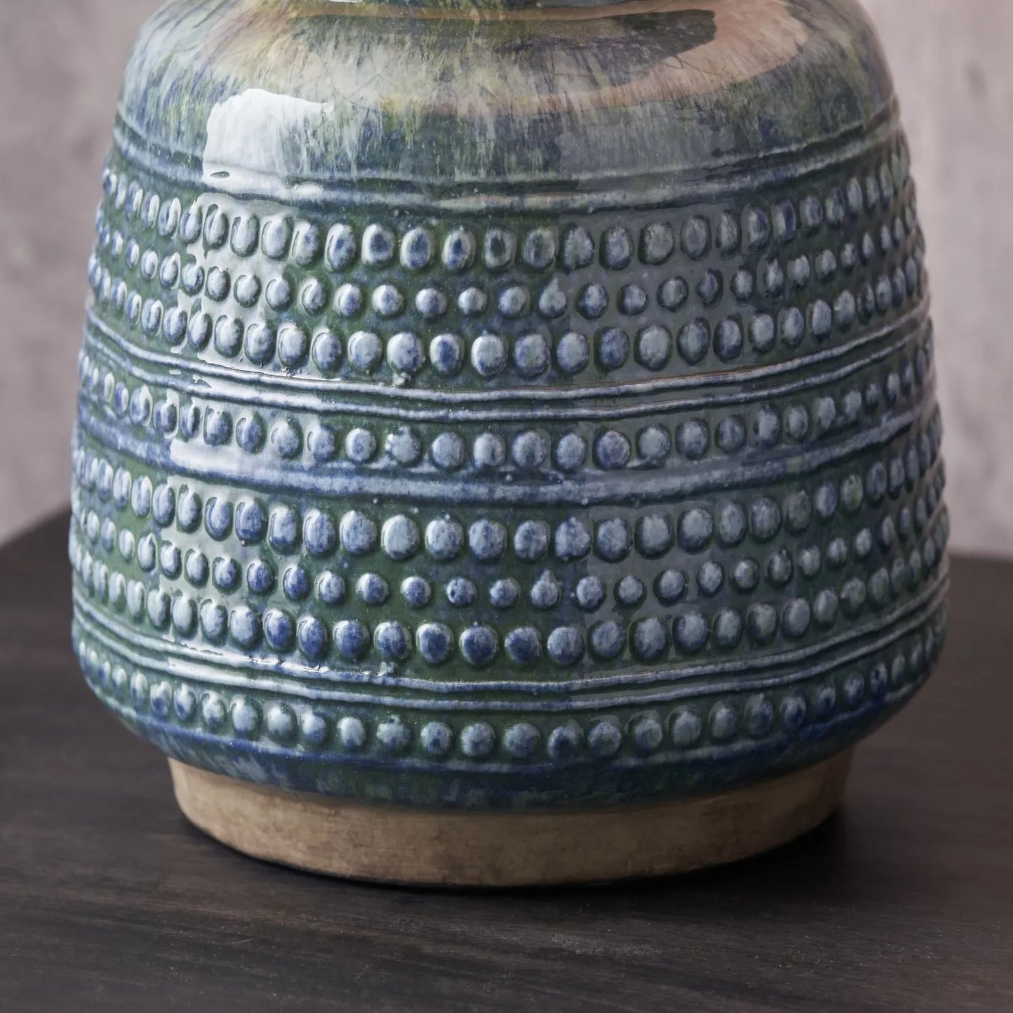 Rustic Blue & Green Glazed Artisan Ceramic Table Lamp with 30cm White Self-Lined Linen Tapered Shade – Handmade Stoneware Dot Design Vase-Shaped Light 42x30x30cm | Click Style