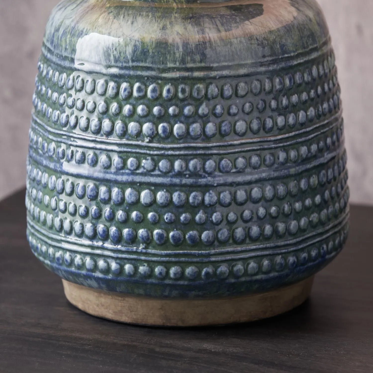 Rustic Blue & Green Glazed Artisan Ceramic Table Lamp with 30cm White Self-Lined Linen Tapered Shade – Handmade Stoneware Dot Design Vase-Shaped Light 42x30x30cm | Click Style